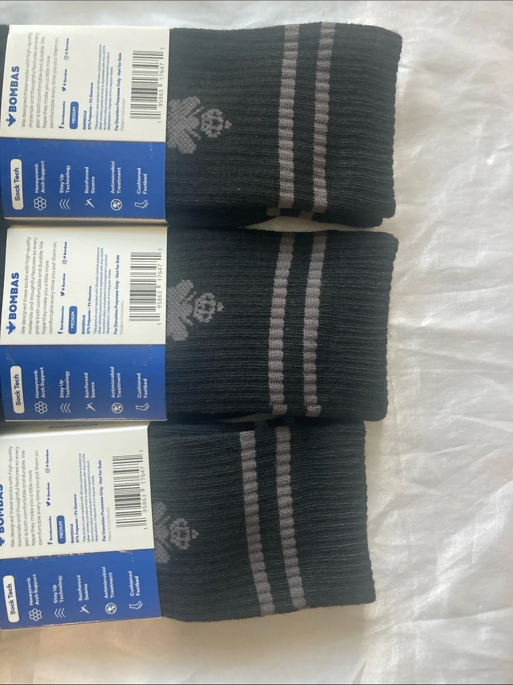 Bombas Black Crew Socks with Gray Stripe - 3-Pack